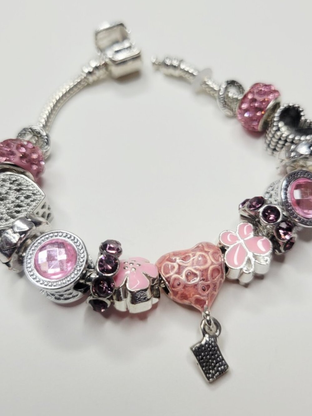 NWT XS Pandora Style Charm Bracelet Love Letter Pink Silver Hearts Rhinestones